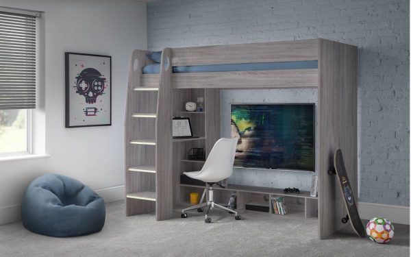 Julian Bowen Painted Furniture Nebula Grey Oak Highsleeper Gaming Bed with Desk