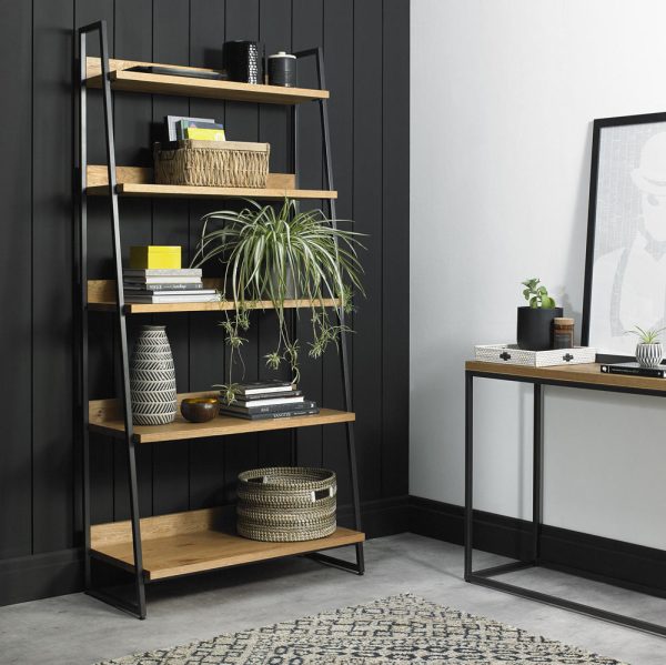 Bentley Designs Indus Industrial Oak Open Display Unit With Black Frame | Oak Furniture House