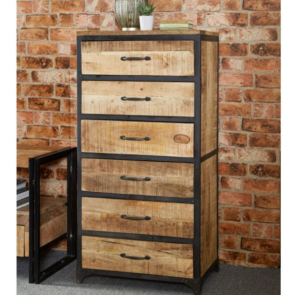 Cosmo Industrial Reclaimed Wood Furniture Tall 6 Drawers Chest