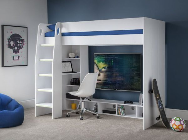 Julian Bowen Painted Furniture Nebula White Highsleeper Gaming Bed with Desk