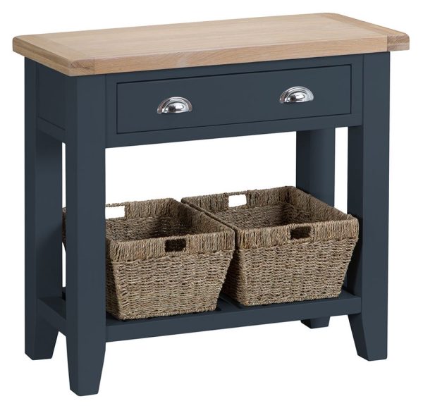 Suffolk Midnight Grey Painted Oak Console Table with Wicker Baskets