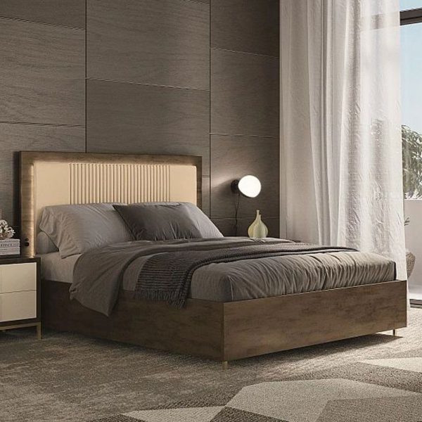 Meridian Brown Italian Bed with Beige Faux Leather Headboard