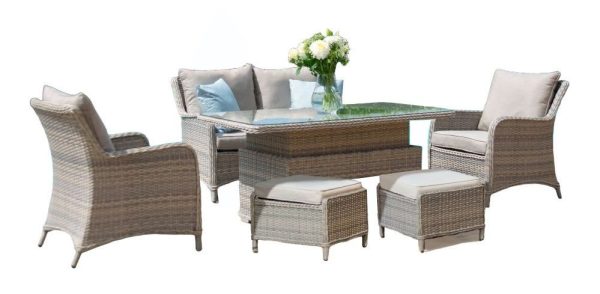 Maze Cotswold 2 Seat Rattan Sofa Dining Set with Rising Table and Footstools