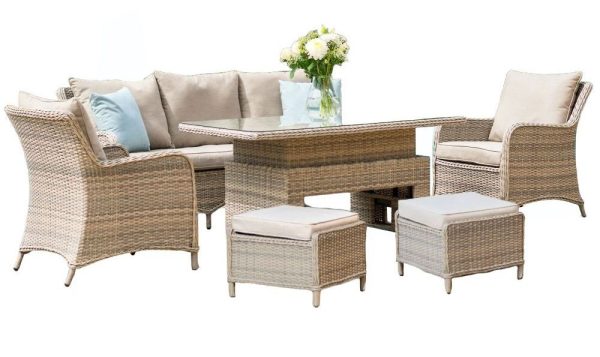 Maze Cotswold 3 Seat Rattan Sofa Dining Set with Rising Table and Footstools