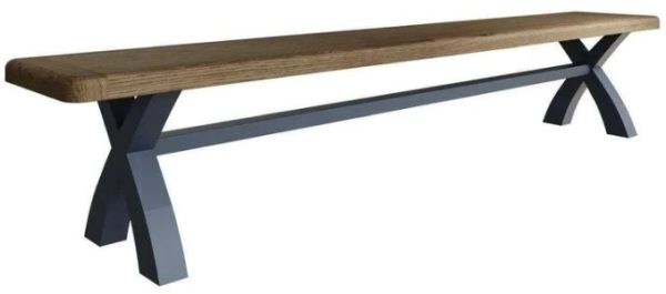 Ringwood Blue Painted Cross Leg Large Dining Bench - Oak Top