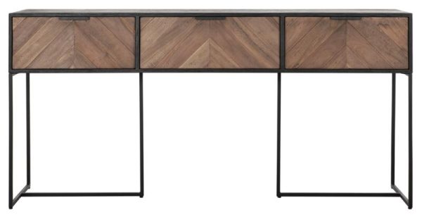 Criss Cross Natural and Black Teak Wood 3 Drawer Console Table