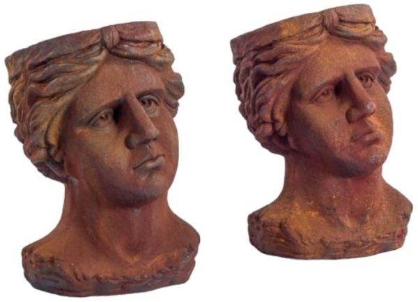 Set of 2 Antiqued Rusted Classical Head Planters