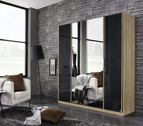 Essensa 4 Door Mirror Wardrobe in Oak and Basalt Glass - W 181cm