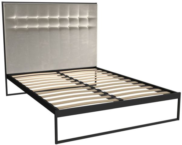 Gillmore Space Federico Black Metal Bed Frame with Mushroom Velvet Upholstered Headboard