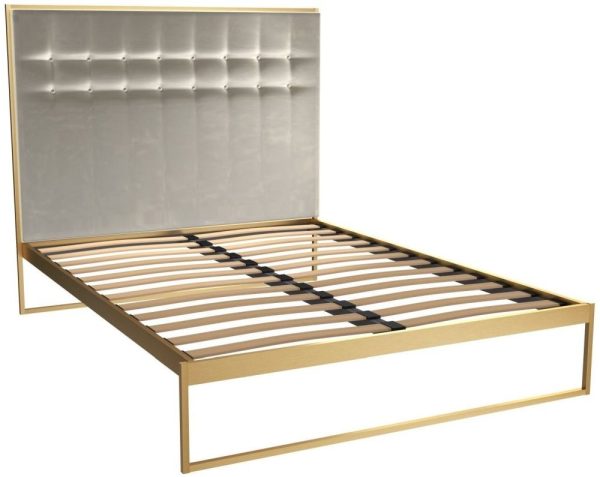 Gillmore Space Federico Brass Brushed Bed Frame with Mushroom Velvet Upholstered Headboard