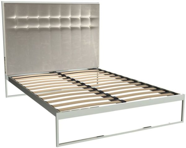 Gillmore Space Federico Polished Chrome Bed Frame with Mushroom Velvet Upholstered Headboard